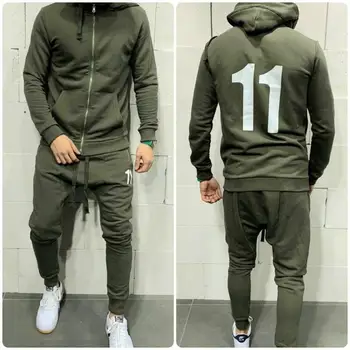 2020 Mænd Ny Stil Træningsdragt Hætteklædte Trendy Cardigan, jakker+afslappet Personlighed Små Ben Bukser Solid Farve Udskrivning 11 Sæt