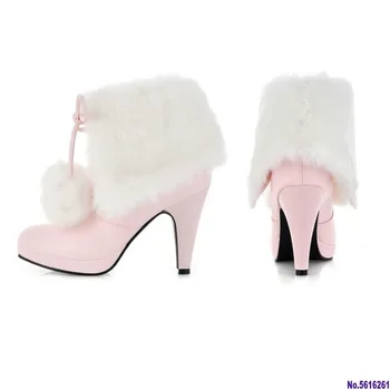 Vinteren høje hæle ankel støvler til kvinder mode faux fur platform korte støvler holde varmen snøre sko damer sort pink hvid 30698