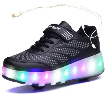 USB-Opladning, Sort To Hjul Lysende Sneakers Led Lys Roller Skate Sko til Børn Led Sko Drenge Piger Sko 28-43 31173