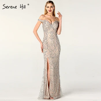 Sølv Off Skulder Split Luxury Mermaid Aften Kjoler 2020 Diamant Perlebesat Mode Aften Kjoler Serene Hill LA6653