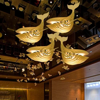 Håndlavet hval lampeskærm træ dyr vedhæng lys træ hængende lys E27 lampe til stuen hjem docer restaurant dekoration