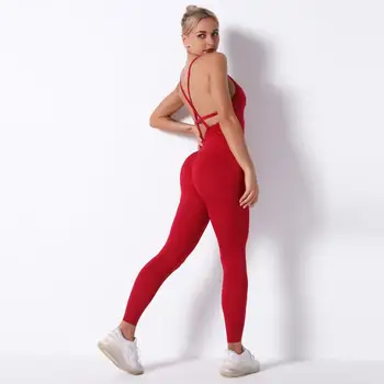 Kvinder Yoga Sæt Cross Stropper Bodysuit Solid Sexet Fersken Hip Buksedragt Dame Slank Ryg-Uden Ærmer Med Sportstøj Fitness Træning Overalls