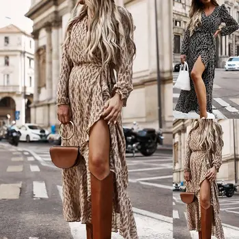 Leopard Print Kvinder Knappen Shirt Kjole 2020 Elegante Lange Ærmer, Bælte Party Dress Casual Efteråret Bandage Lang Kjole Vestido Femme