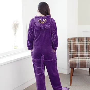 Kvinder Kigurumi Purple Moon Kat Pyjamas Sæt Flannel Dyr Hætte Pyjamas Voksen Vinter Onesies Natkjole Pyjamas Nattøj Homewear