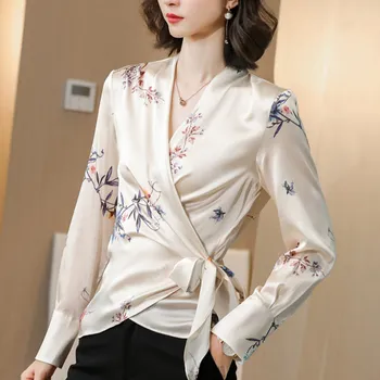 Korean Silk Women Blouses Woman Satin Print Shirt Women Long Sleeve Silk Blouse Tops Plus Size Elegant Woman Satin Floral Blouse 3196