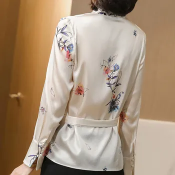 Korean Silk Women Blouses Woman Satin Print Shirt Women Long Sleeve Silk Blouse Tops Plus Size Elegant Woman Satin Floral Blouse