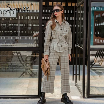 Simplee Elegante grå plaid efterår og vinter kvinder, der passer til High street mode bælte kvindelige sæt Kontor dame langærmet sæt 2020