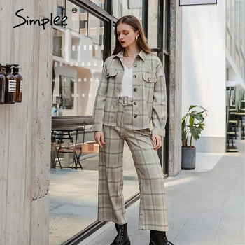 Simplee Elegante grå plaid efterår og vinter kvinder, der passer til High street mode bælte kvindelige sæt Kontor dame langærmet sæt 2020