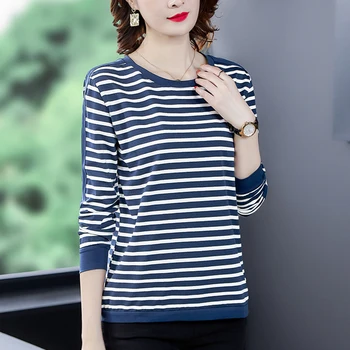 Shintimes 2020 Falde Bomuld Skjorte Stribet Langærmet T-Shirt Plus Size Vinter T-Shirt Kvinder Nye Koreanske Mode Dame Tøj