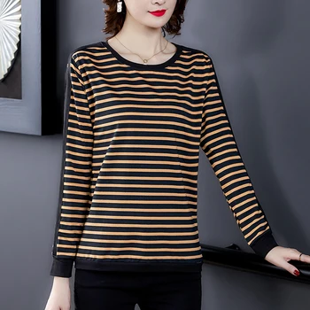 Shintimes 2020 Falde Bomuld Skjorte Stribet Langærmet T-Shirt Plus Size Vinter T-Shirt Kvinder Nye Koreanske Mode Dame Tøj
