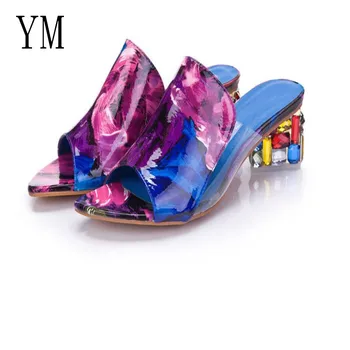 2020 Nye Farverige Rhinestone Krystaller Hæle Peep Toe om Sommeren Kvinder Sko-Kvinde Sandaler, Tøfler Store størrelser 35-41