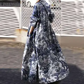 ZANZEA 2021 Retro Trykt Maxi Kjole Kvinders Efteråret Shirt Kjole Afslappet langærmet Knappen Vestidos Kvindelige Laple Robe Overdimensioneret