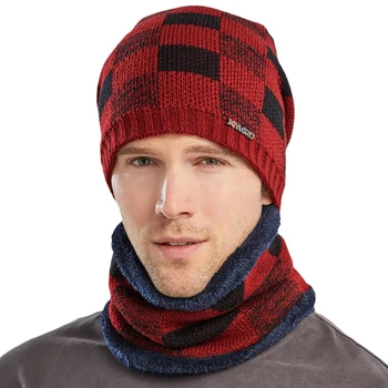 Vinter Hat Mænd Mode og Plaid Tørklæde for Huer Strikket Hat Sportstøj Mænd Hat Huer Tørklæde Udendørs