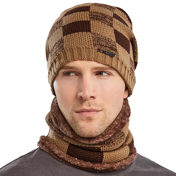 Vinter Hat Mænd Mode og Plaid Tørklæde for Huer Strikket Hat Sportstøj Mænd Hat Huer Tørklæde Udendørs