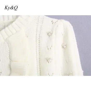 Nye Stil, Luksus White Pearl Forskønnet Strikket Sweater Kvinder Jumper 2020 Vinter Elegante Slanke Med Lange Ærmer Pullover Tøj