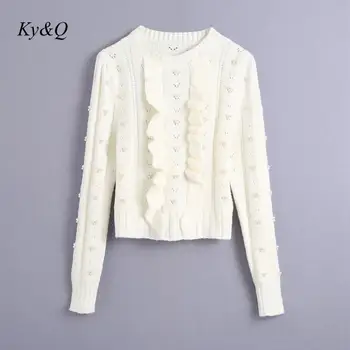 Nye Stil, Luksus White Pearl Forskønnet Strikket Sweater Kvinder Jumper 2020 Vinter Elegante Slanke Med Lange Ærmer Pullover Tøj