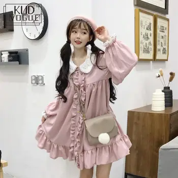 Lace Broderi Dukke Flæser Lolita Kjole Kvinder Vintage Pink Kjole Japansk Harajuku Ulzzang Kvindelige Koreanske Kawaii Søde Tøj