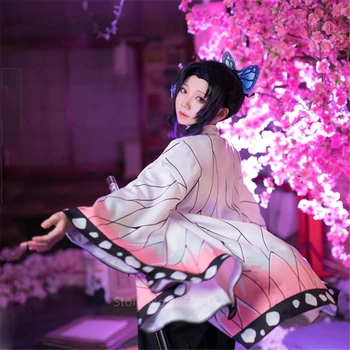 Japansk Animationsfilm Demon Slayer Kimetsu ingen Yaiba Kochou Shinobu Cosplay Kostume Kvinder en Kimono på Halloween, Karneval Fest kostume Paryk