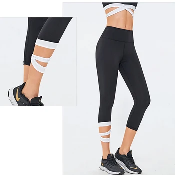 EF.MS Kvinder Sport Leggings Bandage Patchwork Høj Talje Yoga Bukser Hurtig Tør Flex FITNESS Tennis Beskåret løbetights