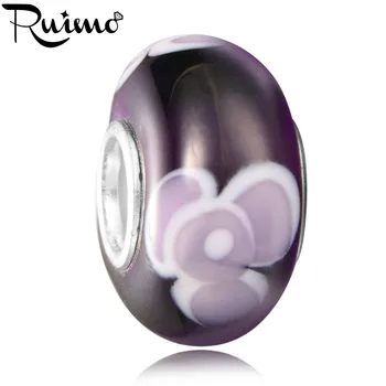 RUIMO Deep Purple Lampwork Stort Hul Perler Europæiske Lys Lilla Blomst Glas-Perle-Charms Til Pan Style Armbånd Tilbehør