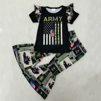 Sommeren boutique pige outfit, U.S. ARMY print-Toppe-Shirt Klokke Bunde Bukser Outfit kid pige tøj sæt piger sommer outfit sæt