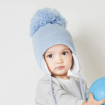 Pige Hat Vinter Earflap Baby Dreng Hue Strikket Fleece Foring Pompom Efteråret Varm Skiløb Udendørs Tilbehør Til Småbørn