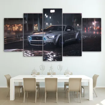 Maleri På Lærred Væg Kunst Ramme soveværelse Home Decor HD Trykte 5 Panel sportsvogn Ford Mustang I Regnen Billeder Plakat