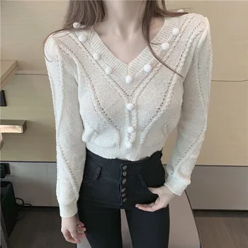 2020 efteråret nye produkt af høj talje løs kort beskåret sweater med V-hals pullover sweater ydre slid monokrome simple kvindelige