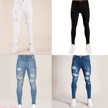 Skinny Jeans Mænd 2020 Ny Elasticitet Slank Blyant Bukser Casual Sexy Hul Revet Hvid Sort Denim Jeans Herre Streetwear tøj
