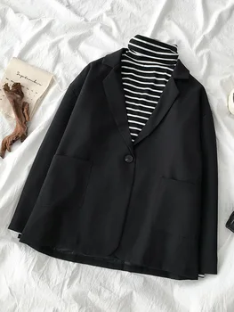 Foråret Efteråret Retro Elegante Sorte Blazere Til Kvinder Koreansk Mode Enkelt Knap Hak Ren Blazer Kvindelige Alle Match Smarte Tøj