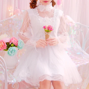 Lolita Pink Kawaii Kjole, Prinsesse Pearl Sløjfeknude Kvinder Søde Dejlige Ét stykke klæde Damer Tyl Lace Søde Fuld ærme Kjoler