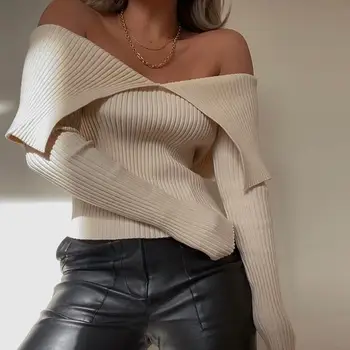 2021 Efterår Mode Kvinders Sweater Toppe Fra Skulder Strikket Pullover Sweater Girl ' s Løs Strik Top Streetwear Tøj