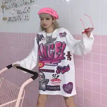 Harajuku ins langærmet t-shirts o-hals og print tegnefilm løs spring nye Kvinders Tøj toppe afslappet stil ladies t-Shirts Pink