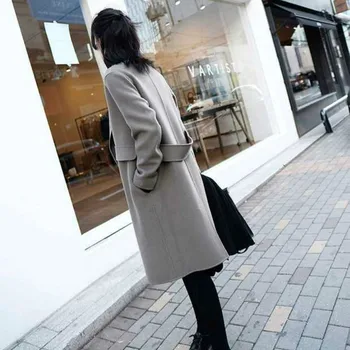 Uld Blandinger Kvinder Solid Lomme Efteråret Lang Dame Elegante Mode Turn-Down Krave Retro Løs Ulzzang Koreansk Stil Overfrakker