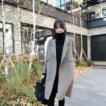 Uld Blandinger Kvinder Solid Lomme Efteråret Lang Dame Elegante Mode Turn-Down Krave Retro Løs Ulzzang Koreansk Stil Overfrakker