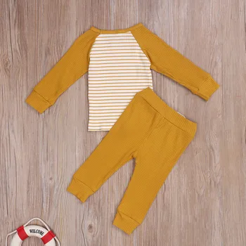 Nyfødte Barn Baby Tøj 2stk Strikket Bomuld, Behagelig Blød langærmet Top+ Bukser Stribe Outfit