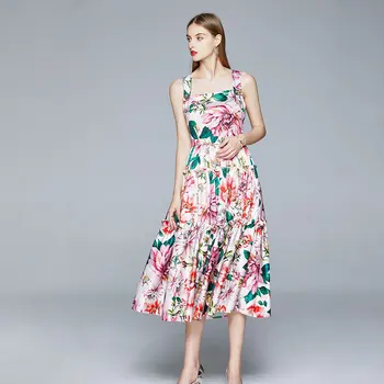 Nye ankomst 2020 Sommeren Bane Kvinder Spaghetti Strop slank maxi Kjole Elegant Floral Trykt Plisserede Kvindelige Lange Kjoler vestidos