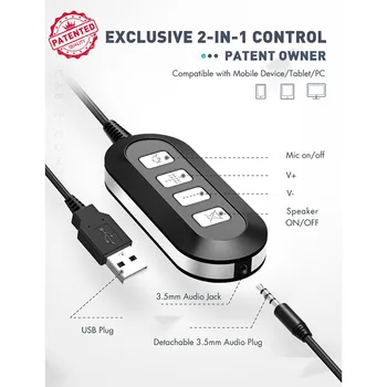 Mpow 071 Headset med Mic støjundertrykkelse 3.5/USB-Stik for Opkald Kontor Skype Fleksibel Hovedtelefoner til Telefonen, Pad PC Laptop 37141