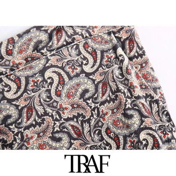 TRAF Kvinder Mode Paisley Print Side Lommer Fløjl Bukser, Vintage Høj Talje, Lynlås Kvindelige Ankel Bukser Mujer