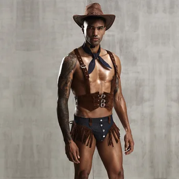 2020 Mænd er sexede Undertøj Vest vestlige cowboy stil Sexede mand Cosplay Kostume Voksen mand underwaist Bære en hat 37356