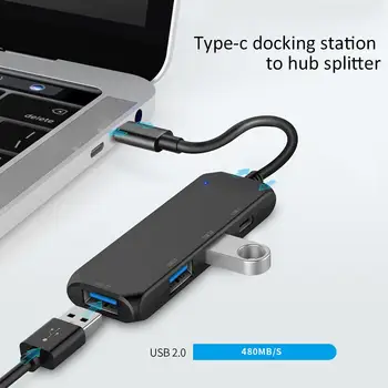 4-i-1 Type C-Hub med 3 USB 2.0 Porte 1 PD Opladning Port Ultra Slanke Aluminium USB-C Adapter Kompatibel til Macbook Air 37367