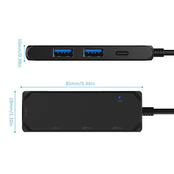 4-i-1 Type C-Hub med 3 USB 2.0 Porte 1 PD Opladning Port Ultra Slanke Aluminium USB-C Adapter Kompatibel til Macbook Air