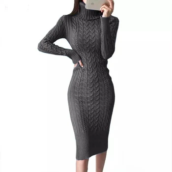 2020 Vinter Tykkere Turtleneck Sweater Maxi Kjoler Kvinder Bodycon Strikket Solid Farve Plus Size Kjole Kvindelige Strik Vestidos
