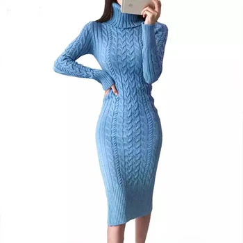 2020 Vinter Tykkere Turtleneck Sweater Maxi Kjoler Kvinder Bodycon Strikket Solid Farve Plus Size Kjole Kvindelige Strik Vestidos