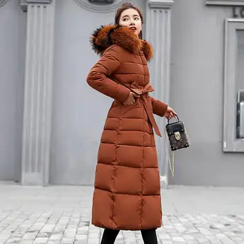 Fashion Vinter Coat Kvinder Jakker Tyk Ned Parkacoats Stor Pels Bælte Hooded Cotton Lange Frakker Varm Vindjakke Kvindelige Slank Outwear