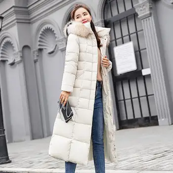 Fashion Vinter Coat Kvinder Jakker Tyk Ned Parkacoats Stor Pels Bælte Hooded Cotton Lange Frakker Varm Vindjakke Kvindelige Slank Outwear
