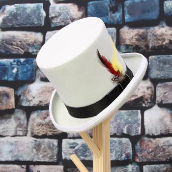 GEMVIE 17cm Hvid Top Hat Uld Filt Håndlavede Fjer Cylinder Hat Til Mænd, Kvinder Gale Hattemager-Kostume Fedora Magiske Hat Topper 37923