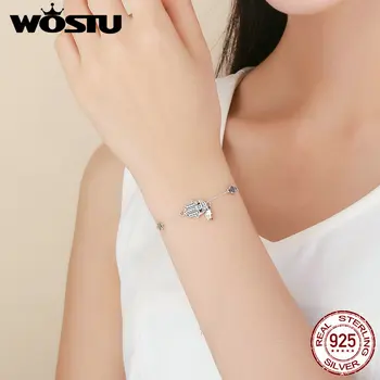 WOSTU 925 Sterling Sølv Fatima Hånd Hamsa Eye Armbånd, Blue Zircon Kæde Link Til Kvinder, Armbånd Mode 925 Smykker CQB079