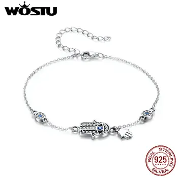 WOSTU 925 Sterling Sølv Fatima Hånd Hamsa Eye Armbånd, Blue Zircon Kæde Link Til Kvinder, Armbånd Mode 925 Smykker CQB079