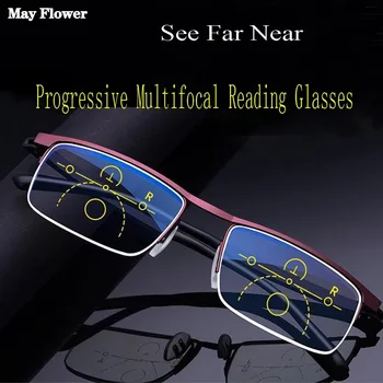 Progressiv Multifokal Læsning Briller Halvdelen Ramme Af Metal Presbyopi Briller Anti Blå Lys Firkantede Briller Mænd Gafas Diopter+4 38403